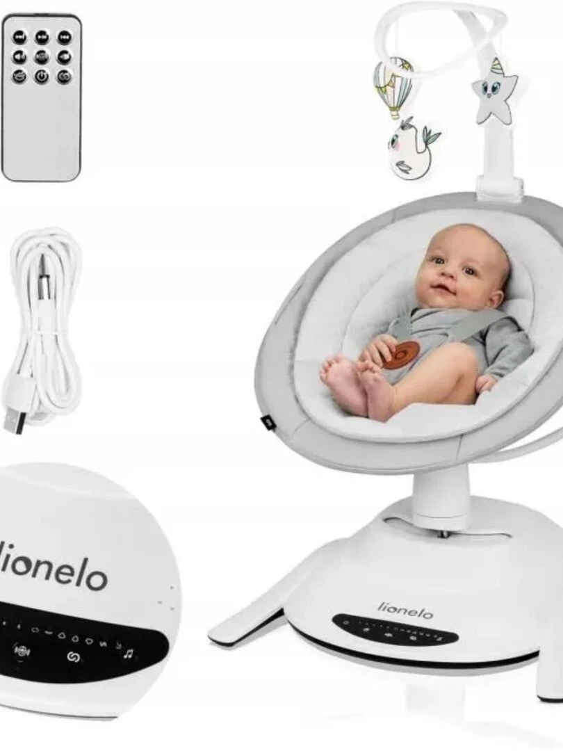 LIONELO Bella Balancelle Bébé Électrique 360° Léger 12 mélodies 6 modes Télécommande Gris Blanc
