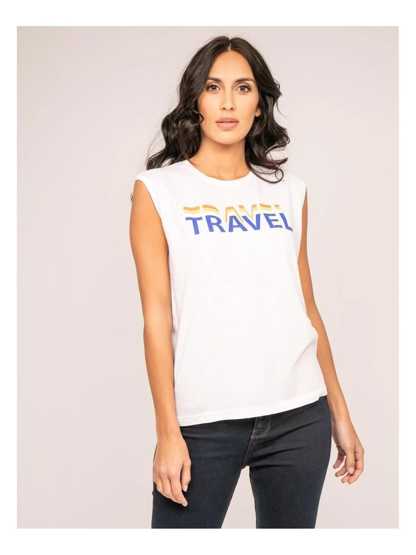 T shirt col rond sans manches FLORIFOU   Blanc