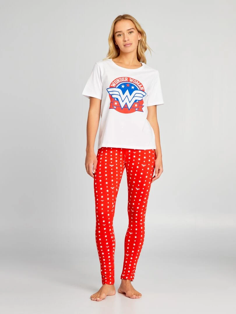 Pyjama long imprimé 'Wonder Woman' 2 pièces blanc/rouge