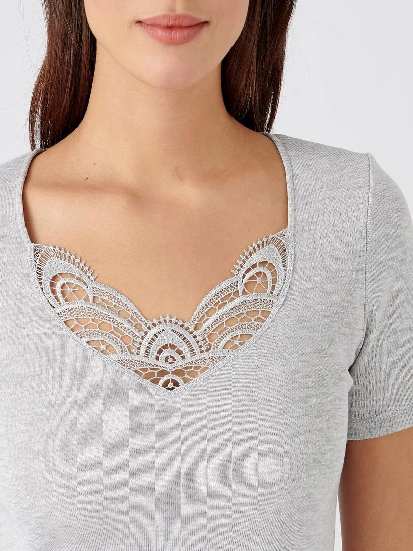 T shirt manches courtes fine côte guipure Thermolactyl   Damart   Gris chiné