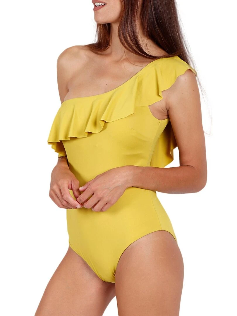 Maillot de bain 1 pièce latéral à volants jaune   Jaune