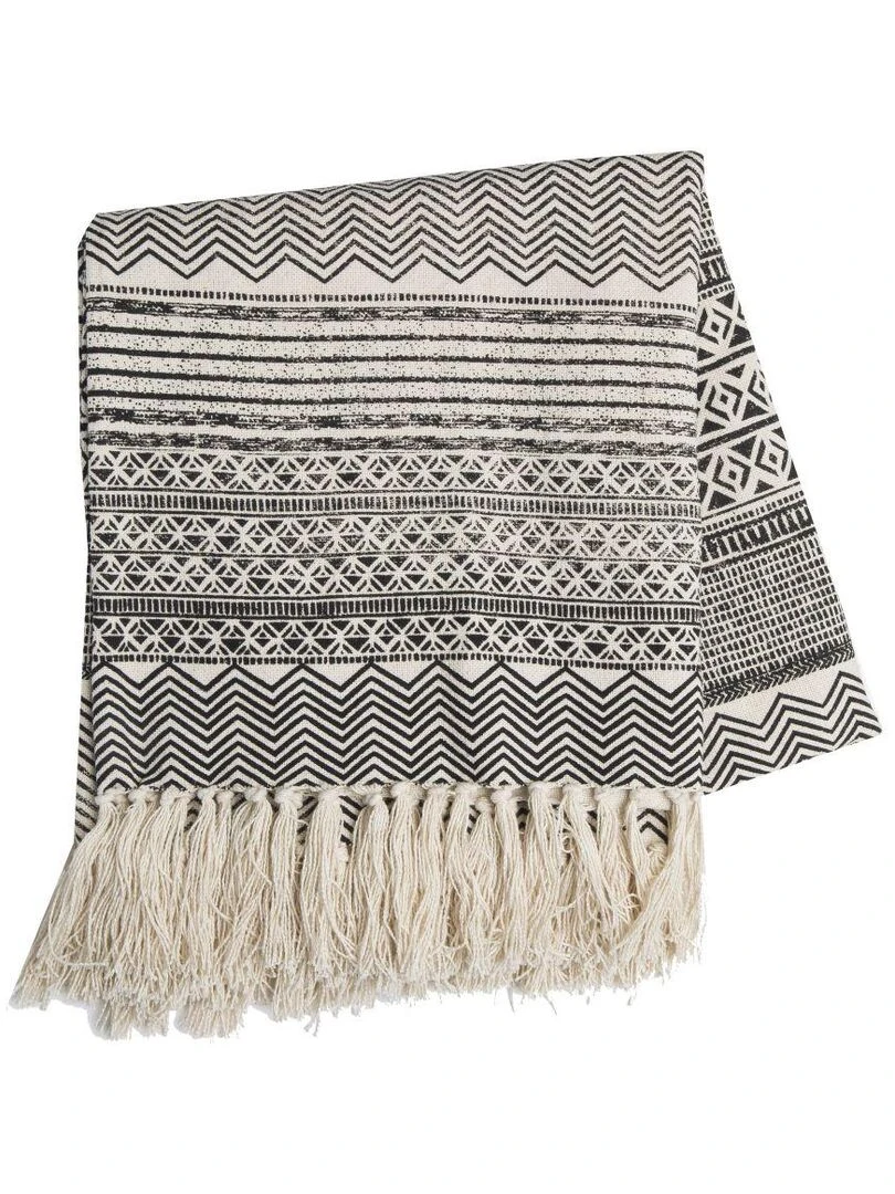 Plaid en coton imprimé AFRICA 'Deko&co' Blanc Gris Noir