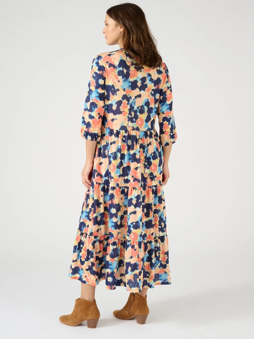 Robe longue maille crêpe à volants   Damart   Bleu marine