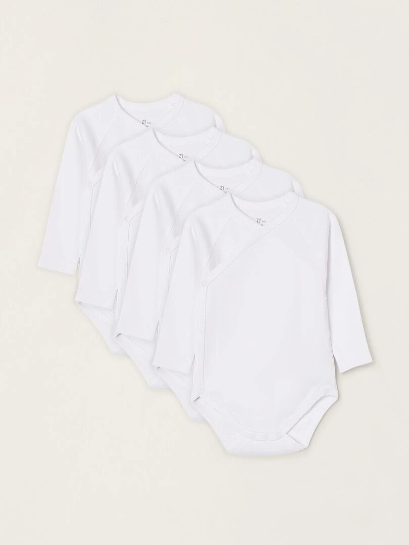 Lot 4 Bodies Croisés en Coton Nouveau Né manches longues ESSENTIALS LINE Blanc