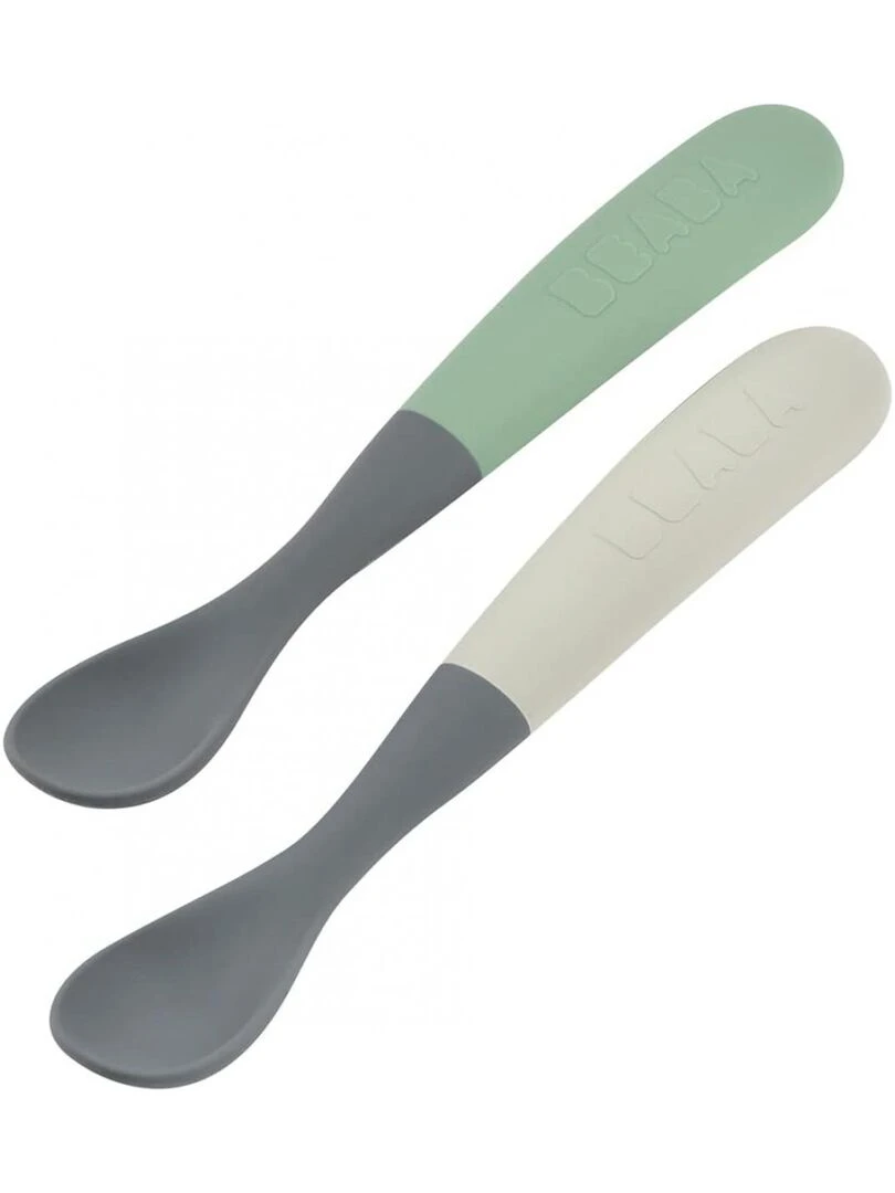 Lot de 2 cuillères 1er âge silicone bi ton mineral/sage g (avec boite de transport) Gris