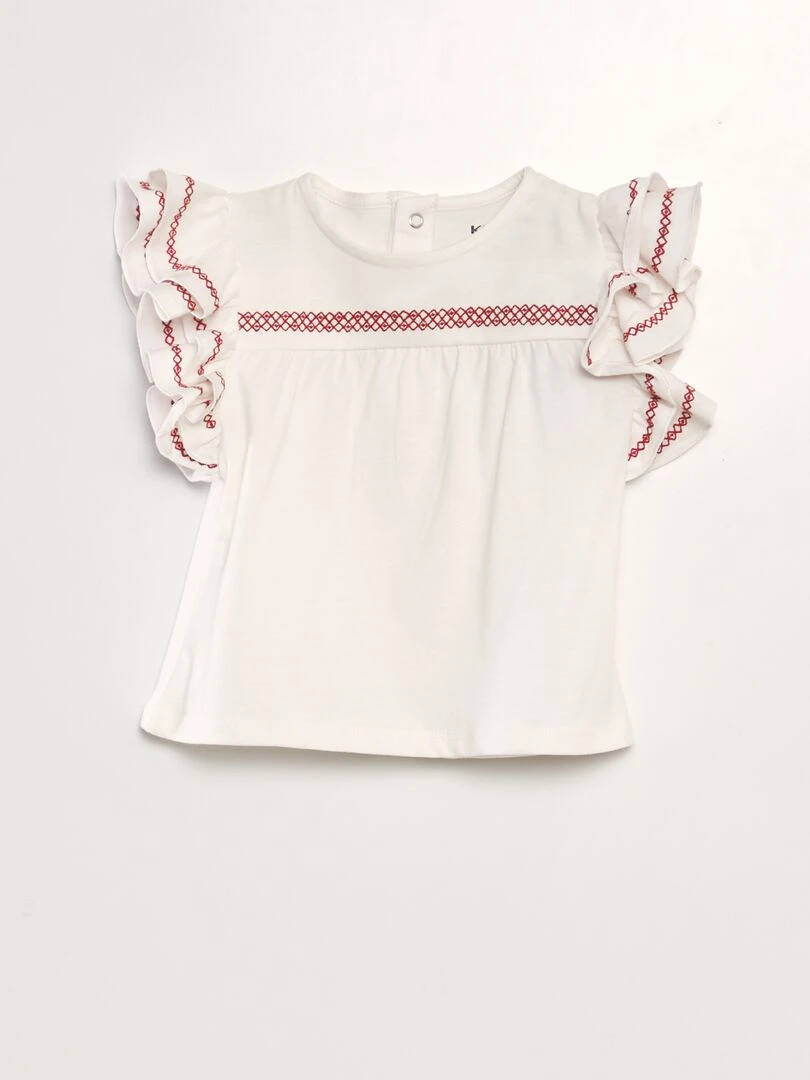 T shirt avec volants aux emmanchures Blanc/rouge