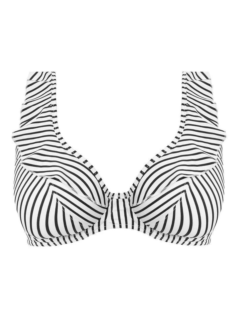 Haut de maillot rayé décolleté plongeant à volant Jewel cove   Blanc