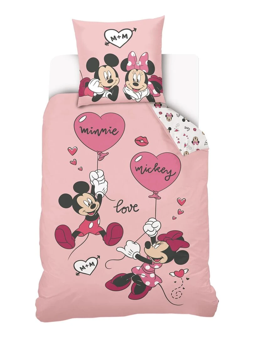 DISNEY Housse de couette Mickey et Minnie 140x200 cm 100% Coton Rose Rose