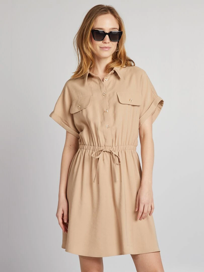 Robe chemise élastiquée   Beige