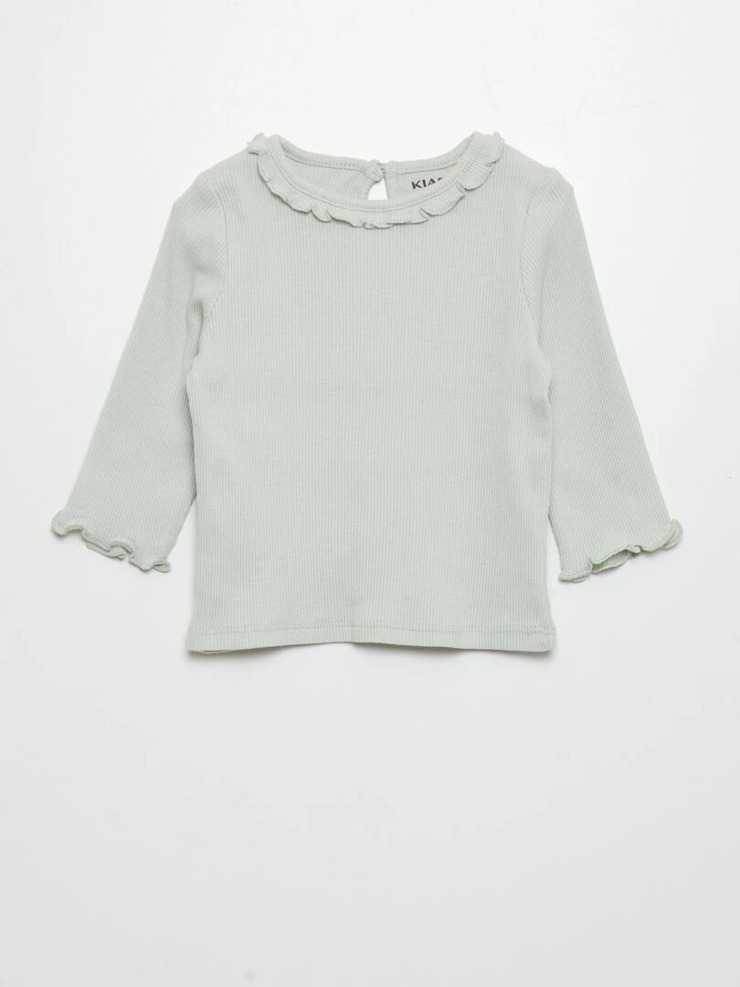 T shirt en maille côtelée col volanté Vert d'eau