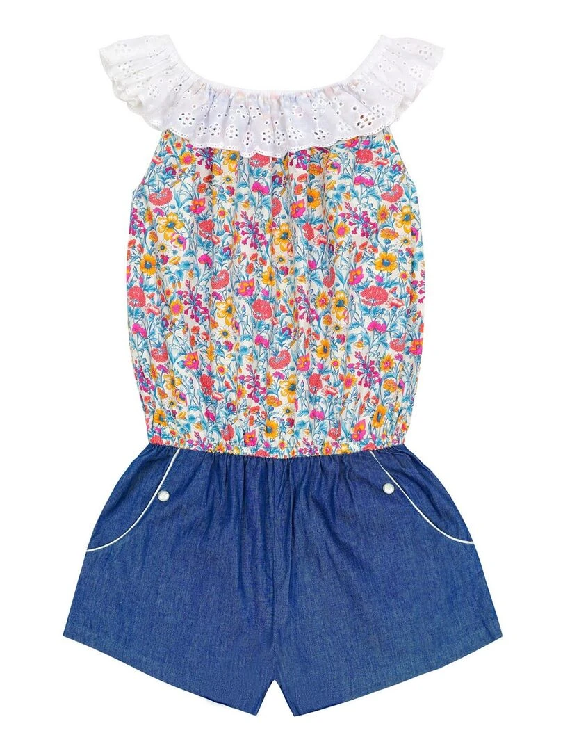 Combi Short Été Fille  Col Élastique  Liberty Fleuri Bleu  LOLITA   La Faute à Voltaire   Bleu Rose Blanc