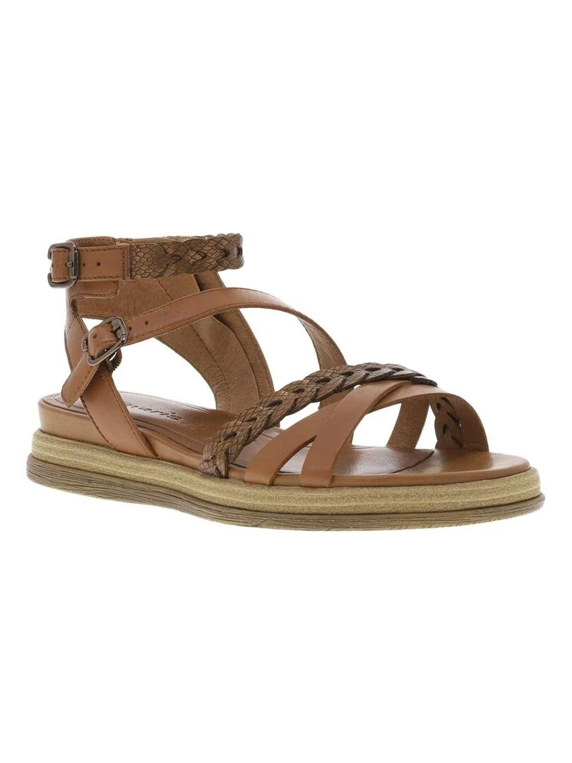 TAMARIS Nu pieds cuir talon semi compensée Cognac