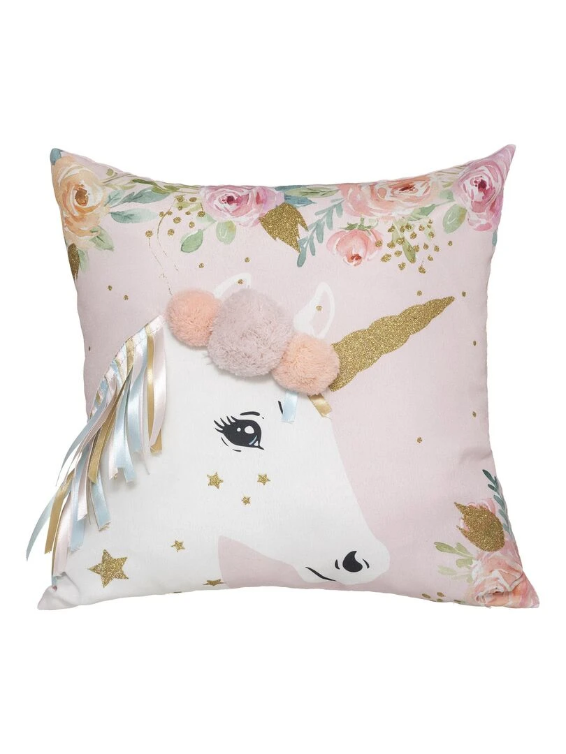 Coussin licorne et pompons Rose clair
