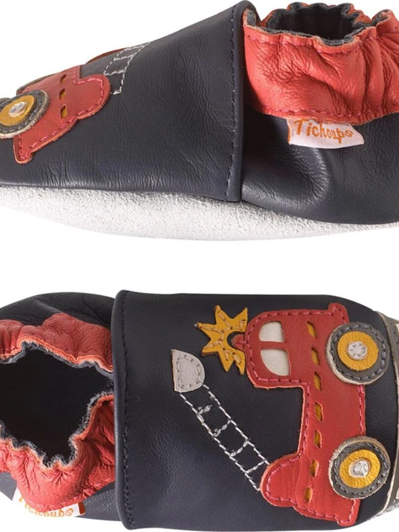 Chaussons bébé cuir souple Xavier le camion de pompier Bleu Bleu