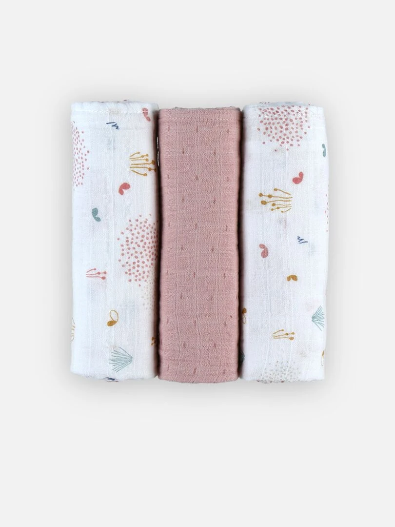 Set de 3 langes 70 x 70 cm mousseline de coton BIO écru/rose clair N/A