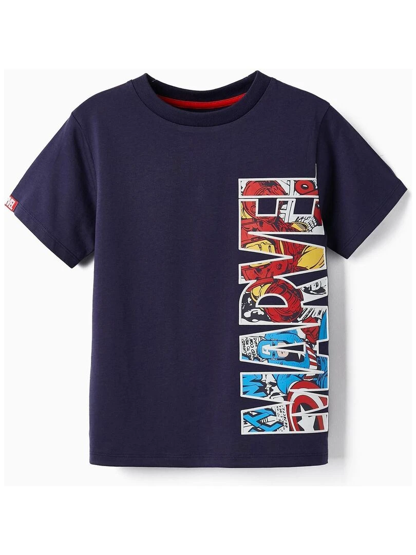 T shirt en coton pour garçon 'Captain America & Iron Man' manches courtes Bleu foncé