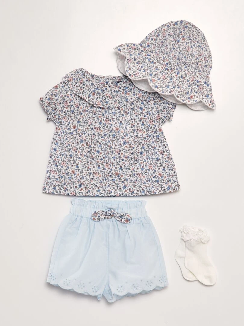 Ensemble blouse + short + bob + chaussettes Violet/rose/bleu