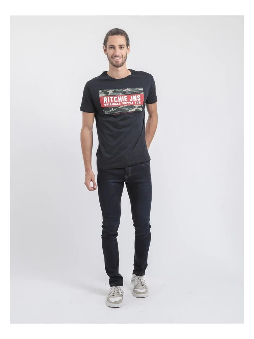 T shirt col rond pur coton JARDIN   Bleu marine