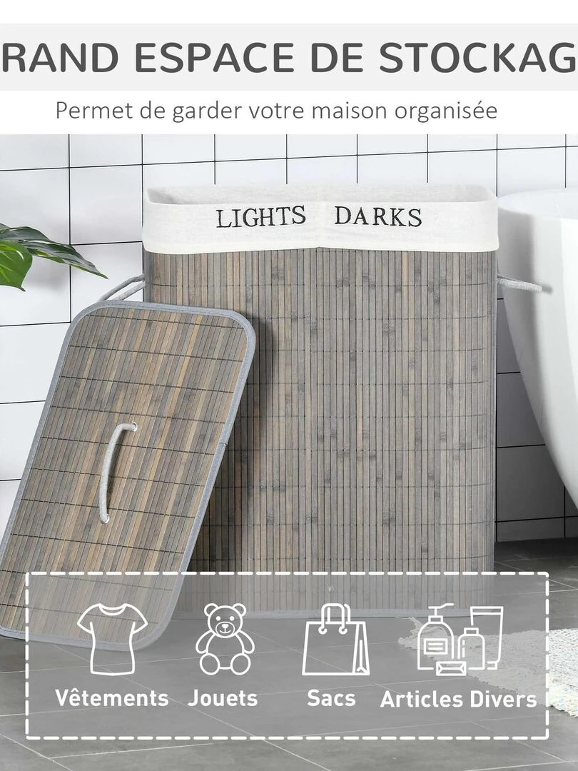 Panier à linge 2 bacs bambou sac amovible en toile gris   Gris