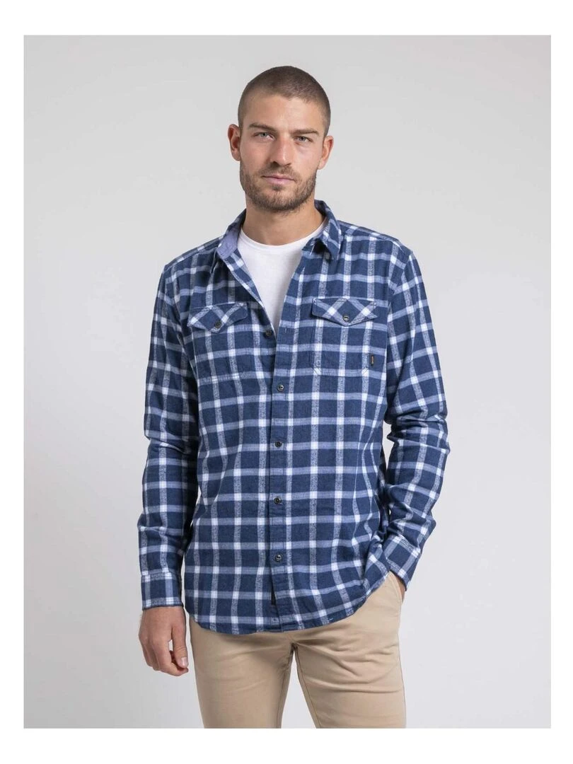 Chemise manches longues carreaux pur coton flanelle TOLFOX Bleu marine