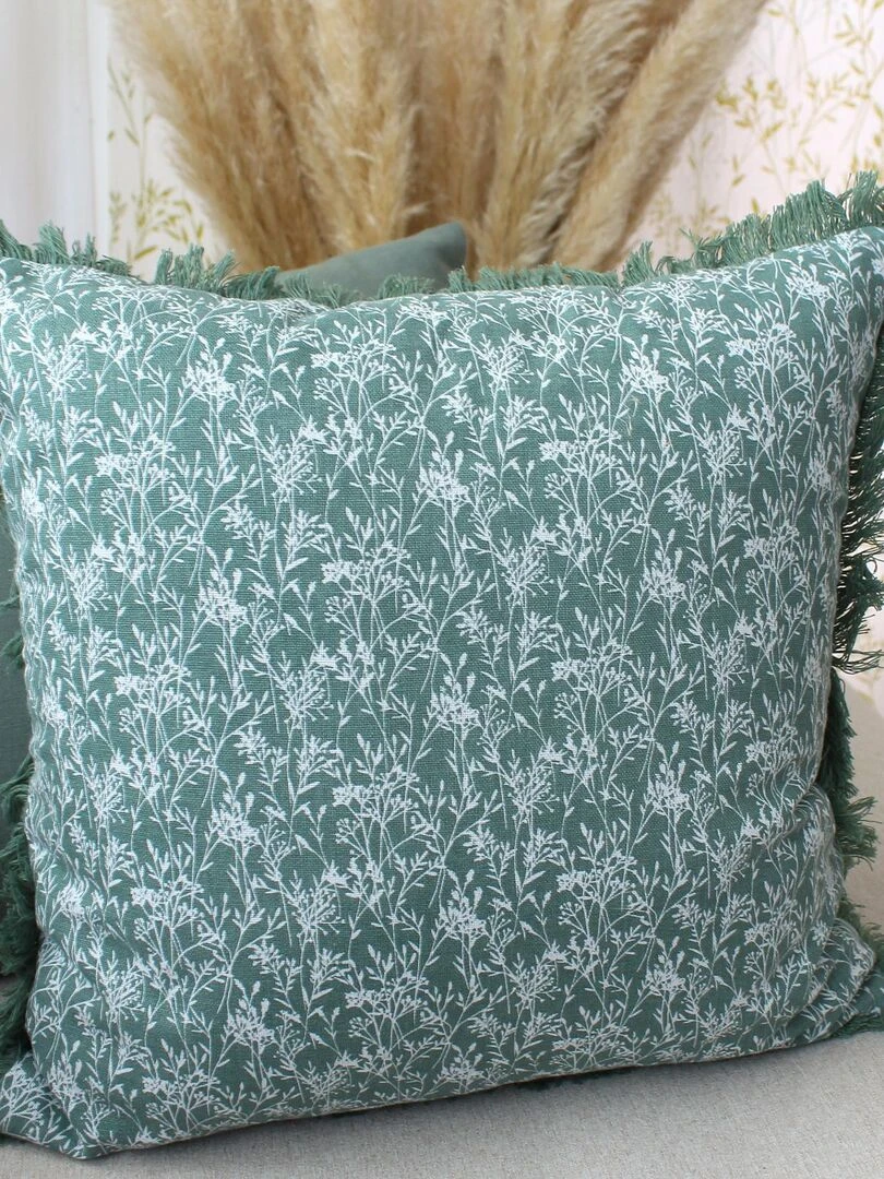 Coussin fleuri à franges   Vert