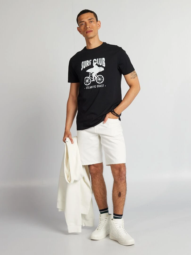 T shirt en coton imprimé à col rond Noir 'surf club'