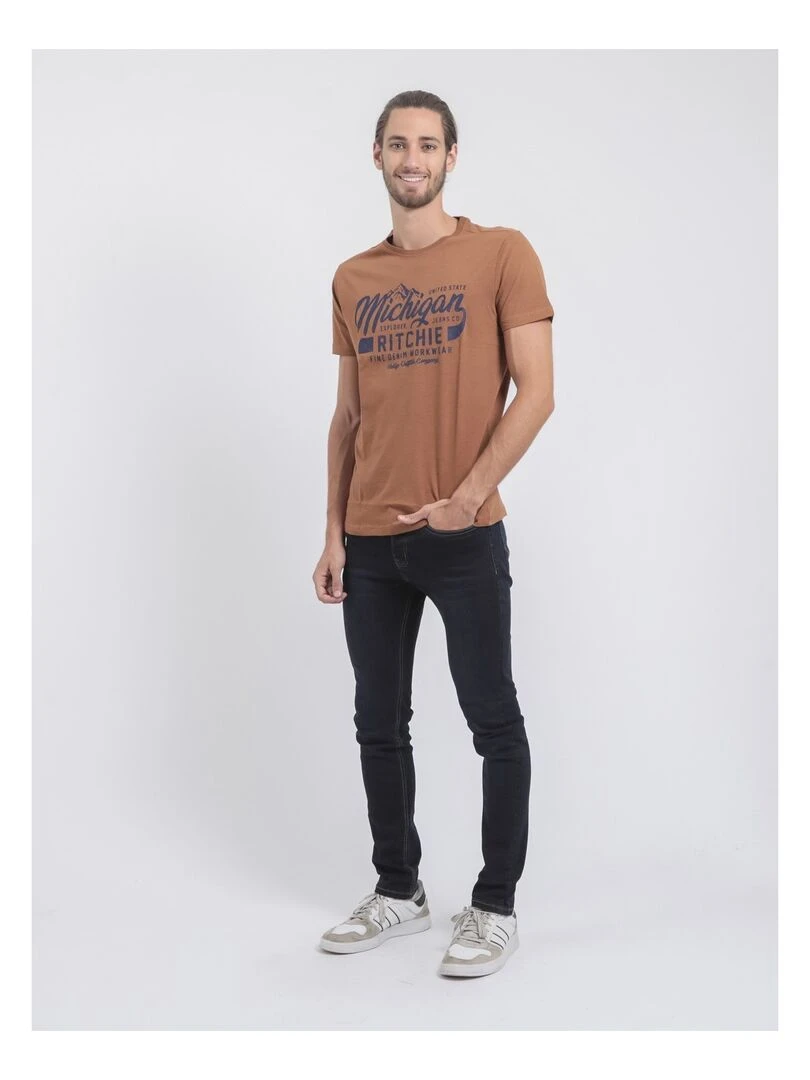 T shirt col rond pur coton JOULTIX   Marron glacé