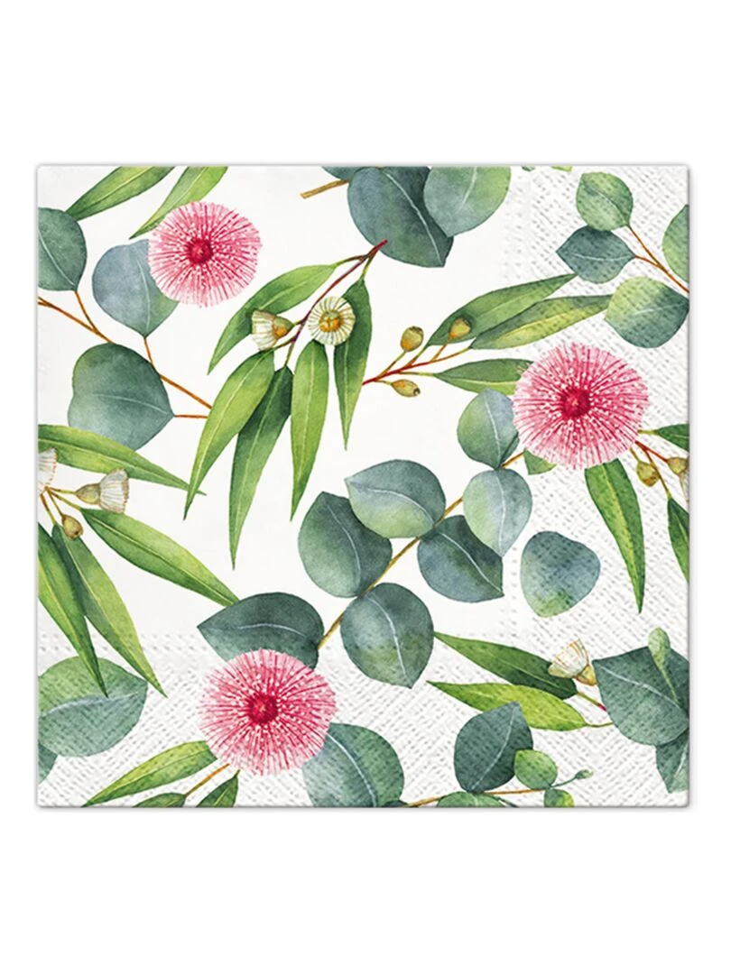 Lot de 20 serviettes en papier 33 x 33 cm Fleurs d eucalyptus Blanc