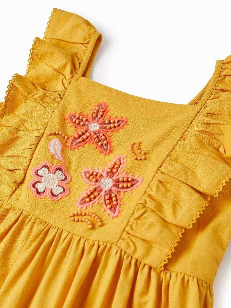 Robe En Coton Et Lin Avec Broderies Et Perles Pour Fille manches courtes   Jaune