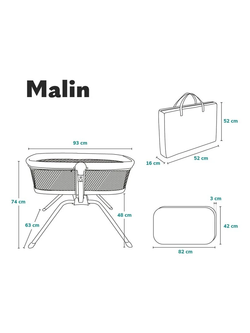 LIONELO Malin   Lit Bébé   Berceau   Lit parapluie   Jusqu'à 9kg   Avec matelas   Sac de transport   Gris Blanc