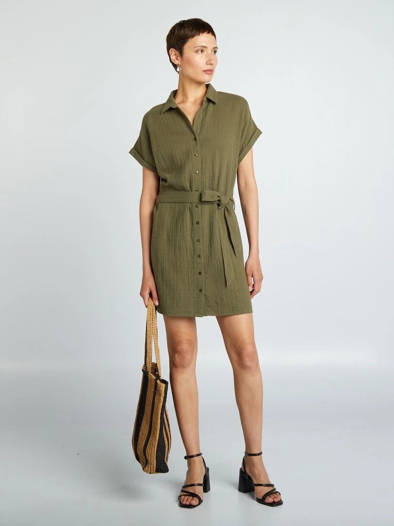 Robe courte forme chemise en double gaze de coton Kaki