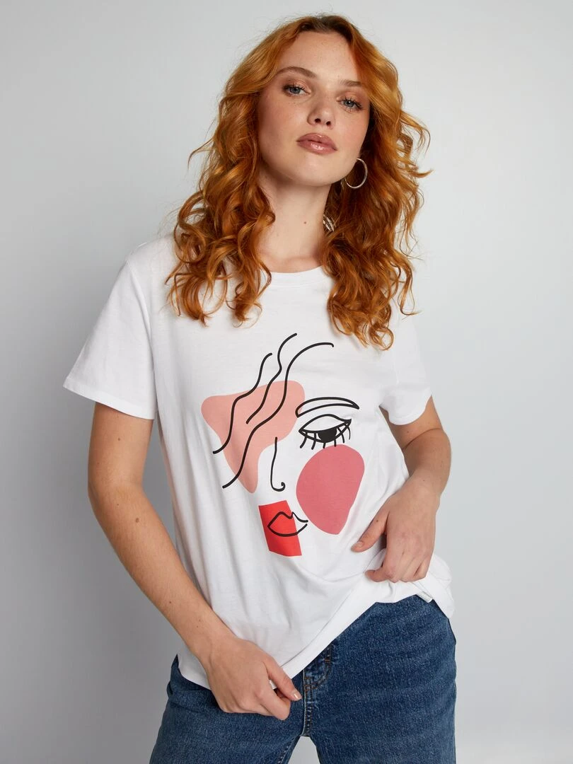 T shirt en jersey imprimé   Blanc 'visage'