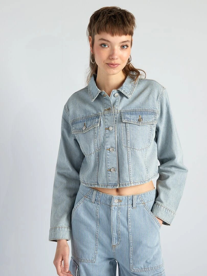 Veste en jean courte à rayures   Bleu