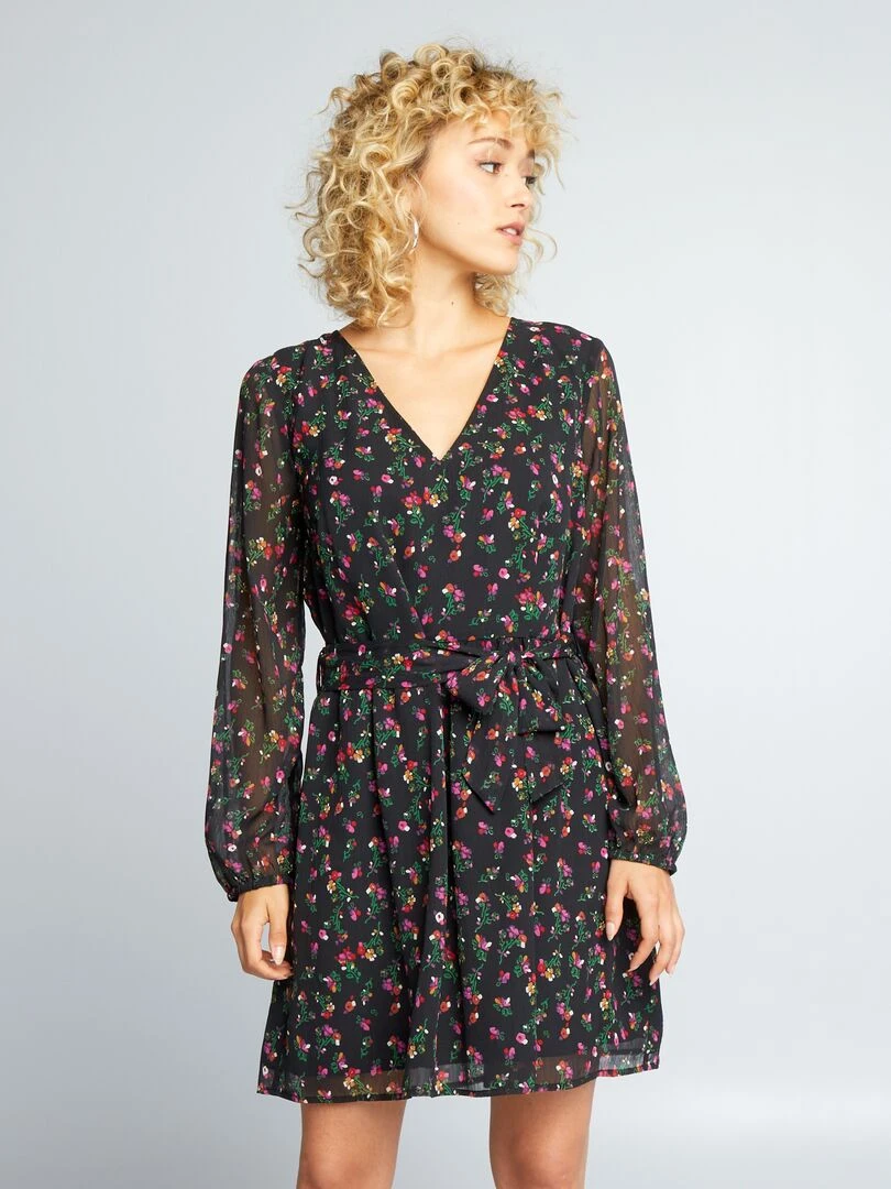Robe à motif avec ceinture à nouer Noir fleuri