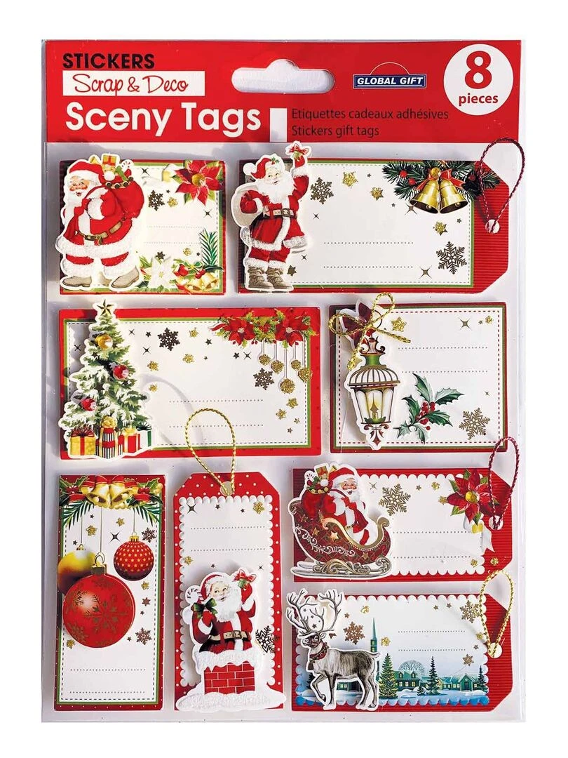 8 étiquettes cadeaux autocollantes Père Noël traditionnel N/A