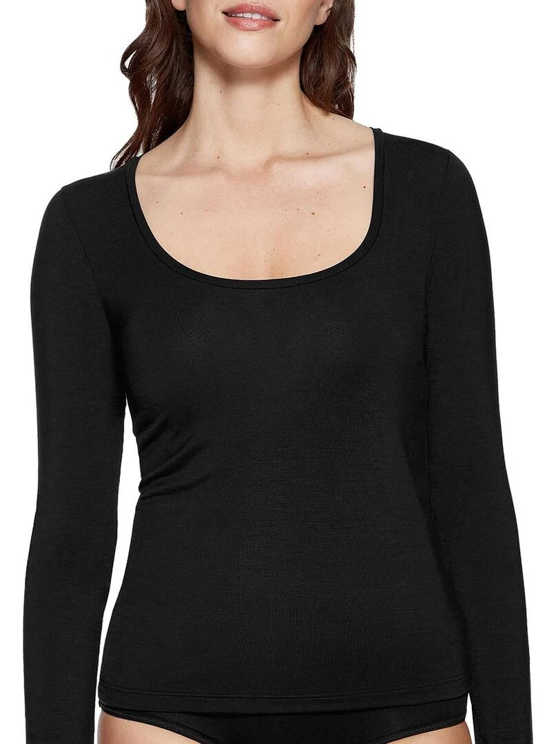 Tricot de peau manches longues en laine et lyocell Premium Wool Noir