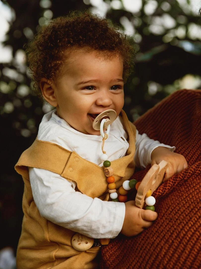 Attache tétine bois et silicone 'Renard'   Kaki