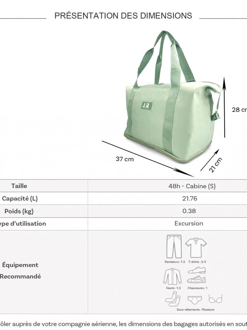 Sac de voyage week end 21L déperlant sans roulet Vert
