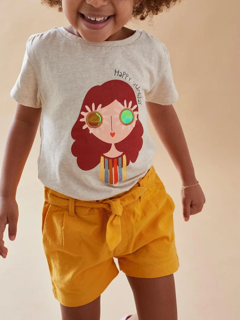 T shirt petite fille à courtes manches chiné Noukie's Beige
