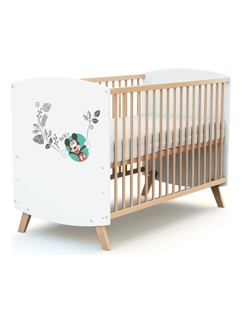 AT4 Lit bébé Disney Doodle Zoo Mickey en bois Blanc et Hêtre 60 x 120 cm Marron clair