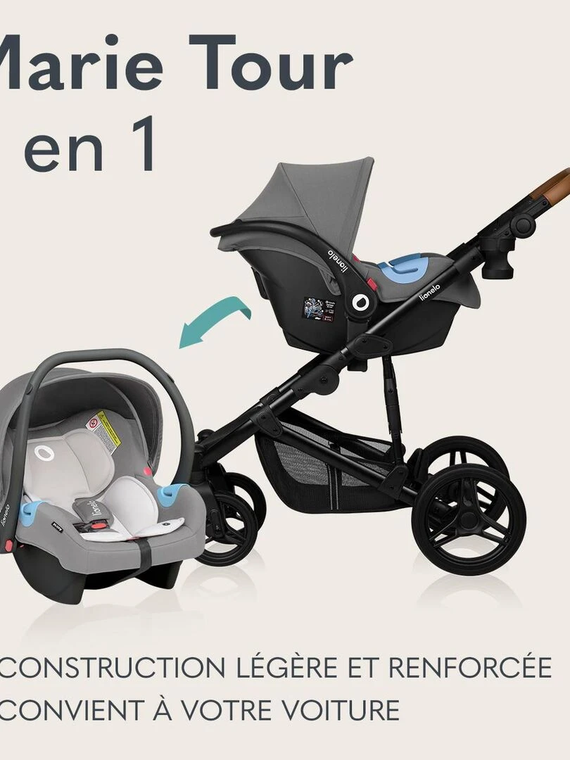 LIONELO Mari Tour   Poussette bébé 3en1 compacte   De 0 à 48 mois   Noir   Noir