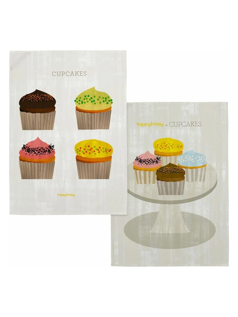 Torchon (2 pièces) Cupcakes "Happyfriday"   Blanc