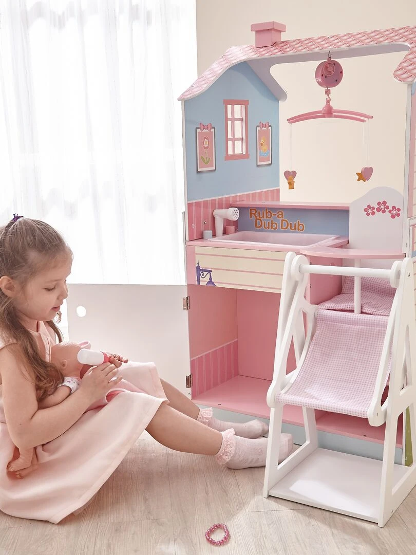 Maison De Poupée Nurserie Et Table À Langer 2 Façades Set De Jeu Chaise Haute  Berceau Et Bain   N/A