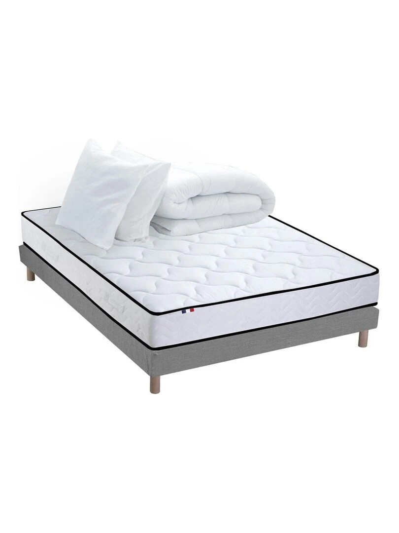 Pack Ensemble Matelas Ressorts + Mémoire de forme + sommier + couette + oreillers Sommier Gris Blanc