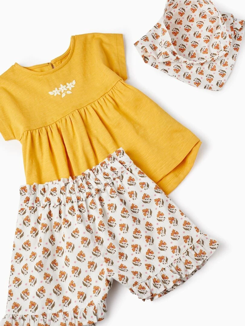 T Shirt + Short + Foulard Pour Bébé Fille   Jaune