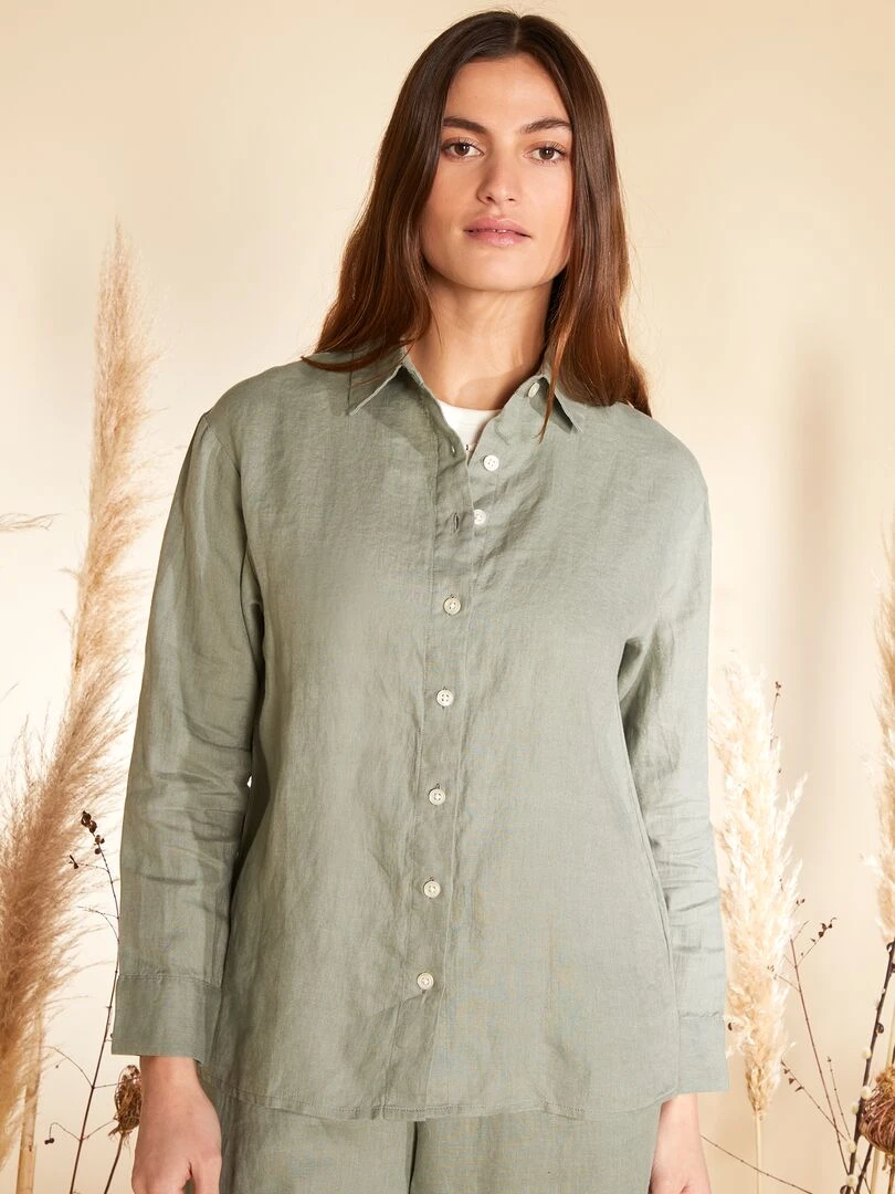 Chemise ample en lin à manches longues   Kaki