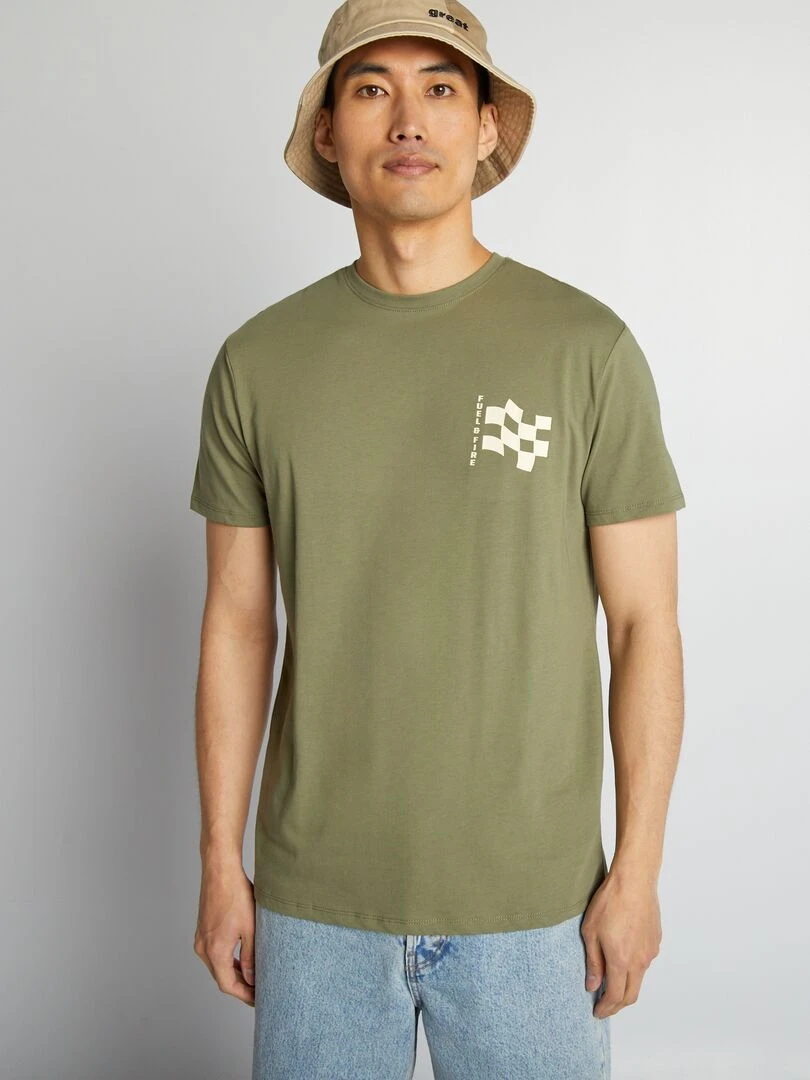 T shirt imprimé à col rond   Kaki