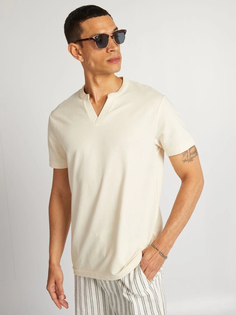 T shirt en jacquard à col mao   Beige