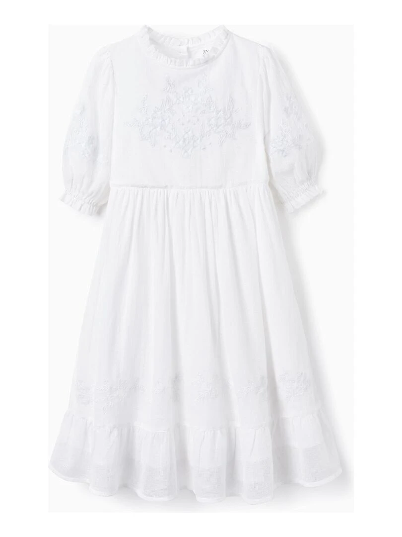 Robe En Coton En Maille Filet Avec Broderies Pour Fille manches courtes CEREMONY COLLECTION Blanc