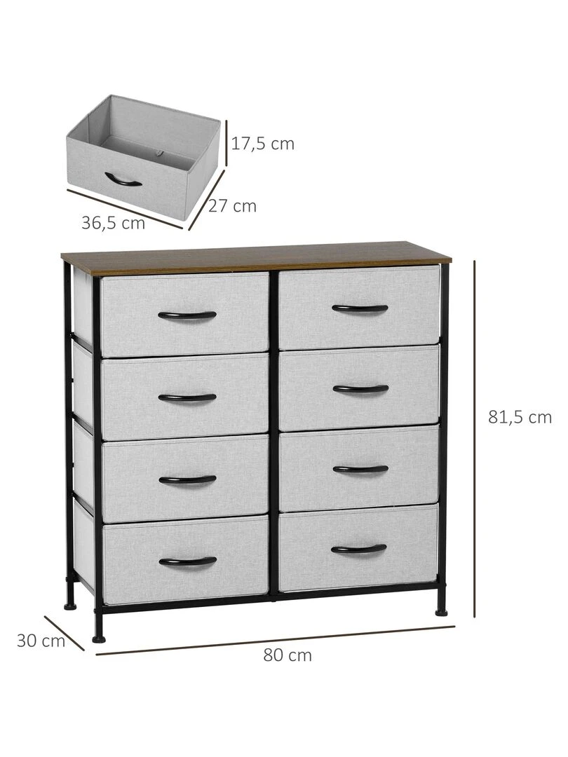 Commode 8 tiroirs pliables acier noir aspect bois non tissé gris   Gris